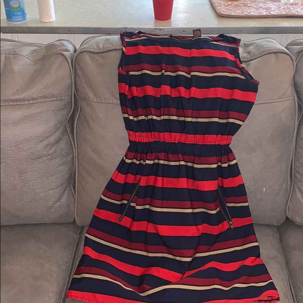 Red blue and tan stripped dress